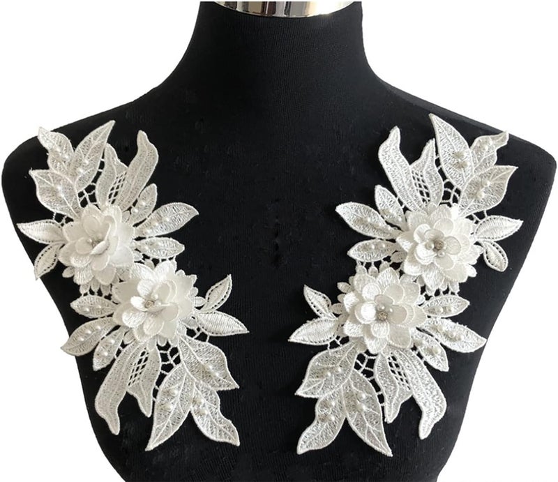 Ruinuo 3D Lace Beads Flower Applique Patches Sew on Patches Embroidery Appliques Rhinestone Sewing Wedding Dress Collar Decor White - Image 1